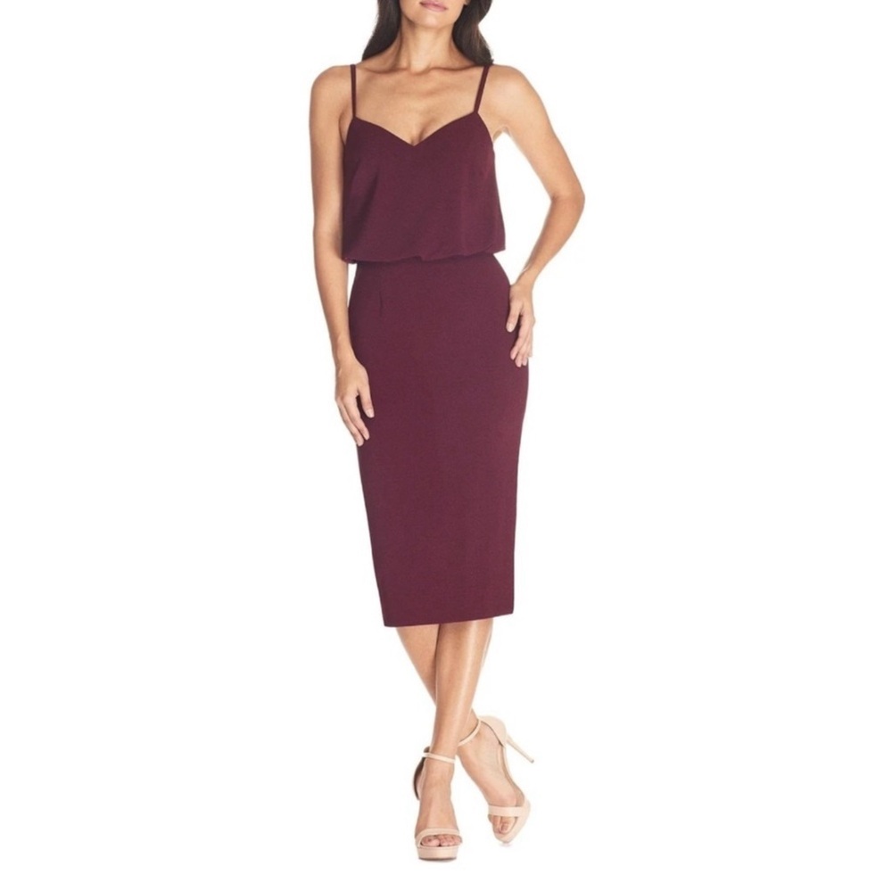 NWT Dress the Population Alondra Bubble Hem
Blouson‎ Top Midi Dress in Burgundy